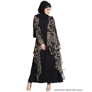 Fowling shrug double layered abaya- Black-Olive Green